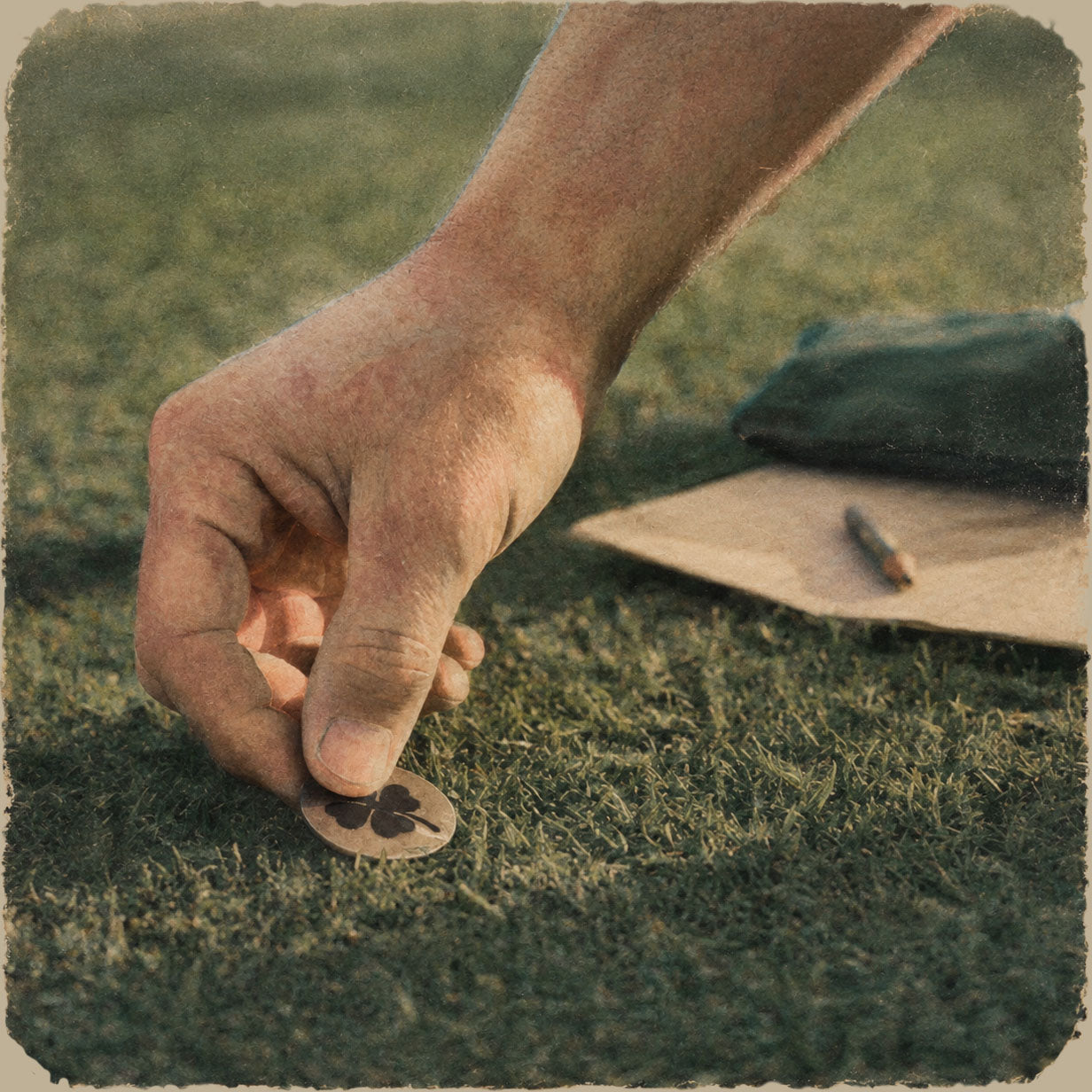 Worn, colorized vintage photograph of a hand placing a clover-marked golf ball marker on the green.