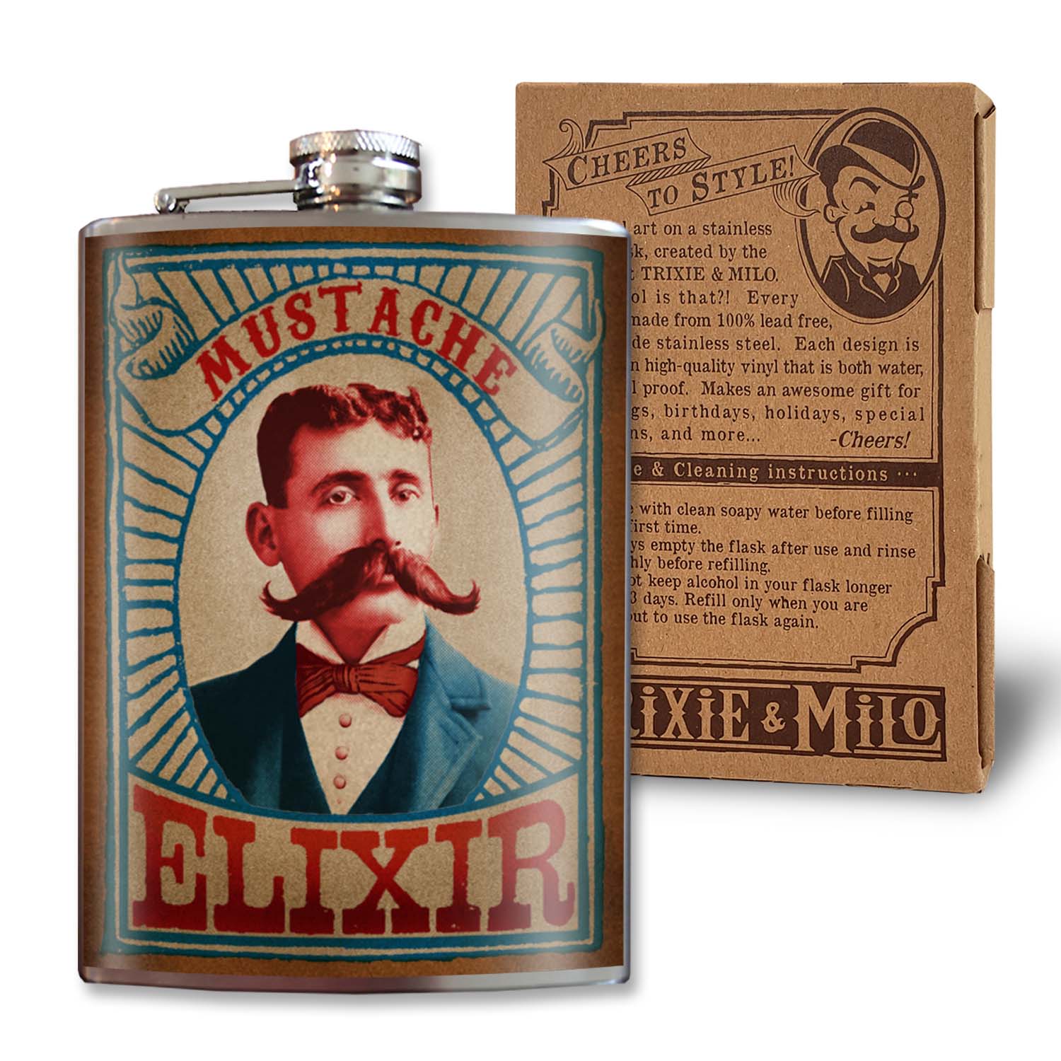 Mustache Elixir Flask – 8oz Stainless Steel Hip Flask