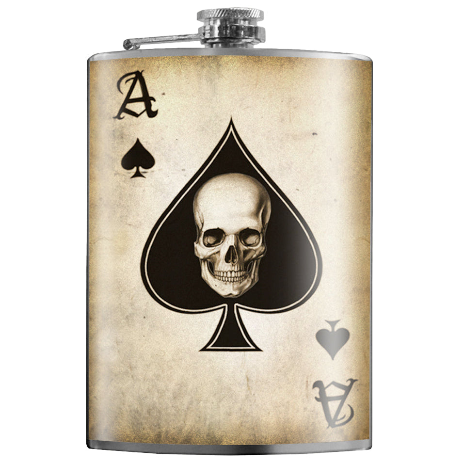 An 8 oz stainless steel flask with a graphic design of a skull and playing card symbols, particularly an ace of spades.