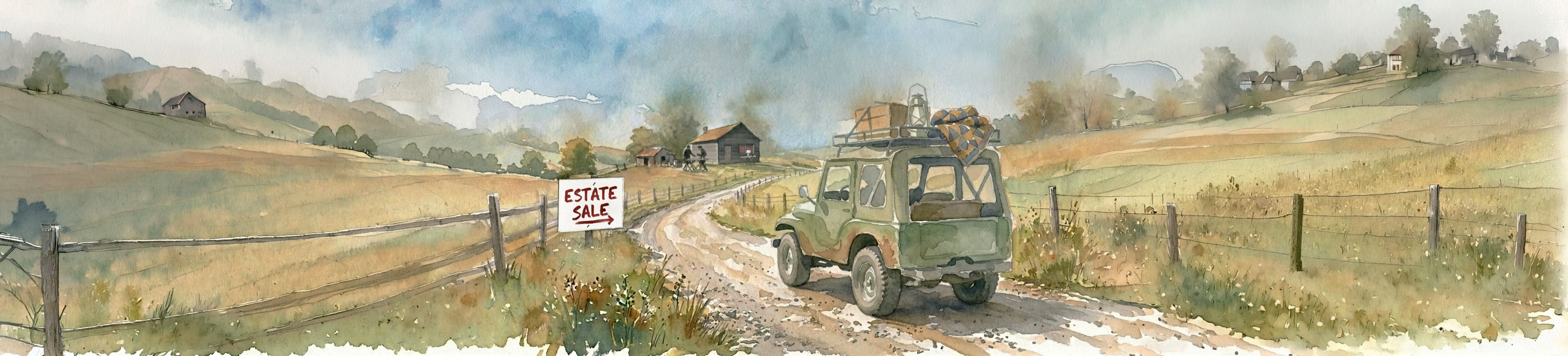 Watercolor landscape painting of an olive green military-style jeep driving along a dirt road through rolling green and tan hills, with a small cabin, fence, and distant buildings under a blue sky.