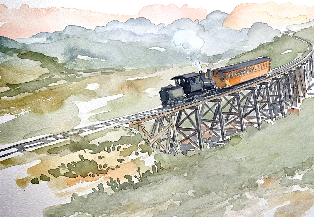 Watercolor painting of a vintage black steam locomotive pulling an orange passenger car across a wooden trestle bridge, with rolling green hills and a soft peach sky in the background.