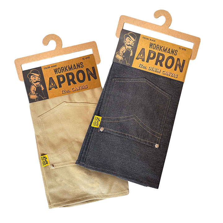 Two workman's aprons on hangers with labels on a white background