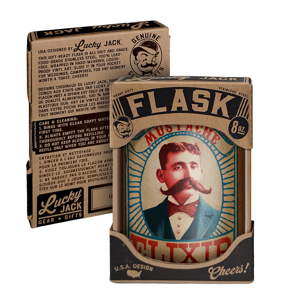 Mustache Elixir Flask – 8oz Stainless Steel Hip Flask