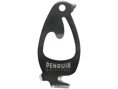 stainless steel coated in matte black pocket multitool shaped like penguin includes line cutter, scraping blade, bottle opener and more.