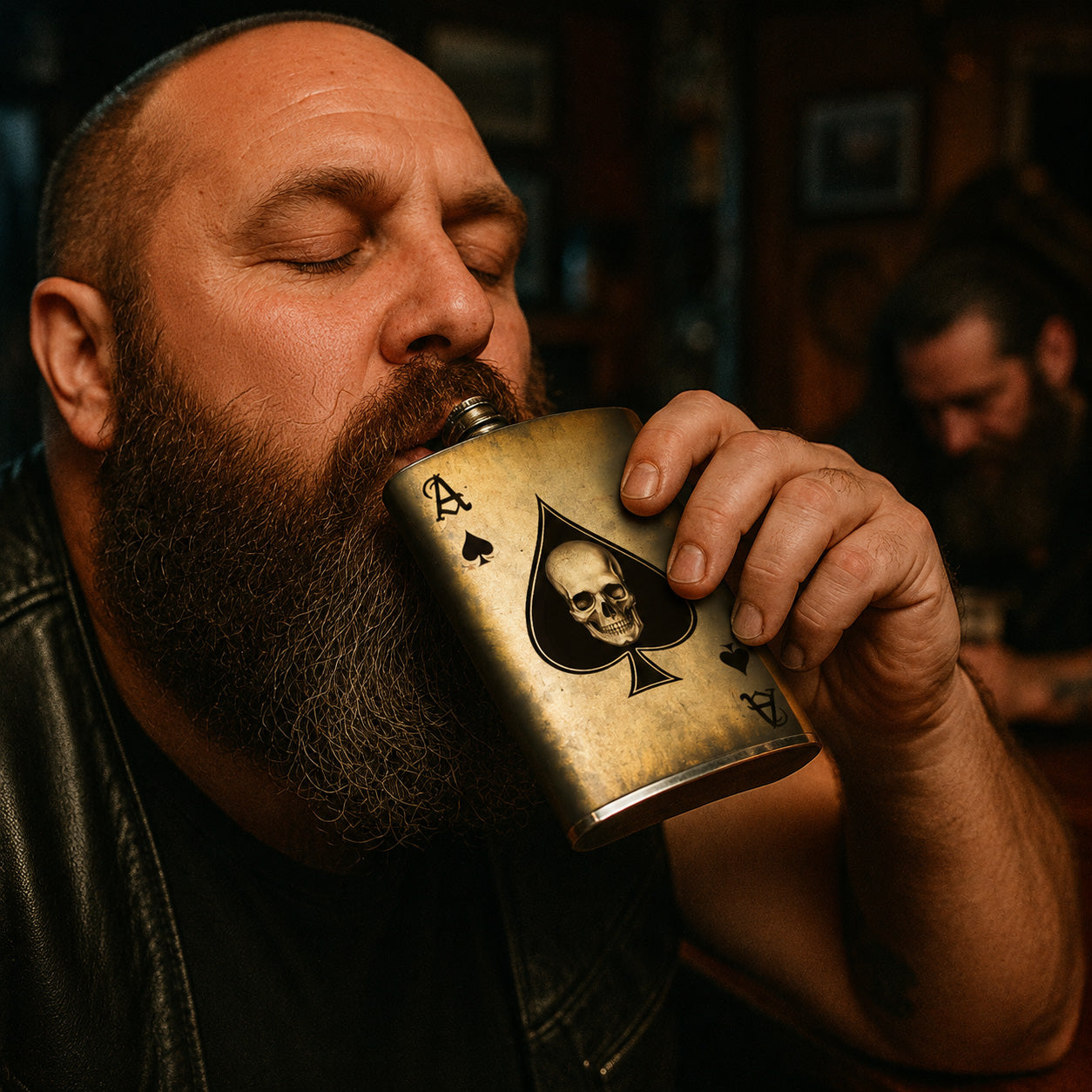 A close-up lifestyle shot of a bearded man drinking from a metallic gold-toned flask decorated with a skull and spade design, set in a dimly lit bar environment.