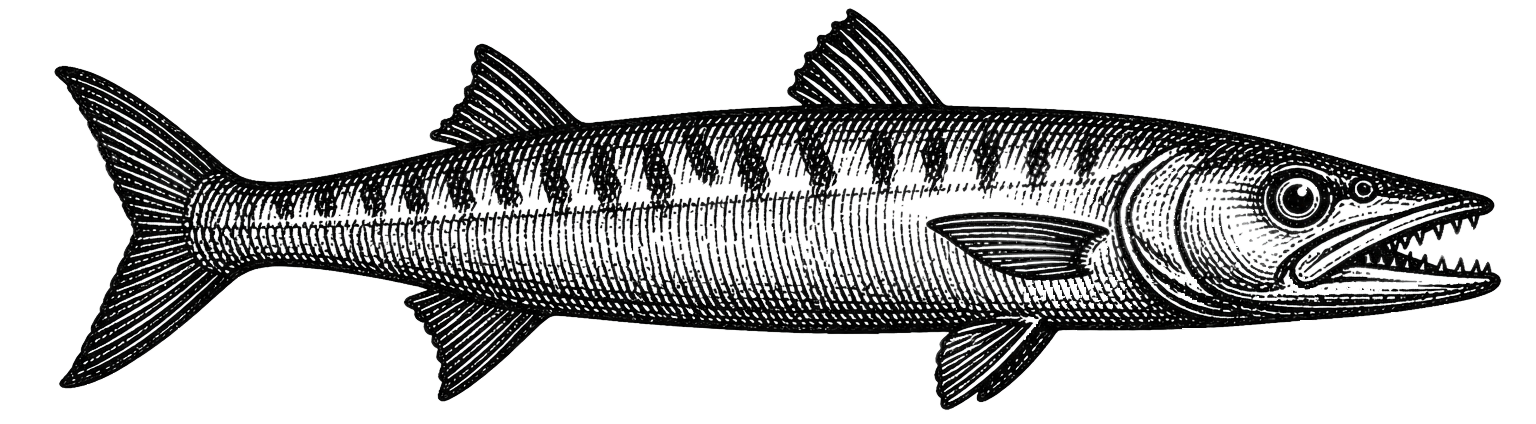 Black and white illustration of a barracuda on a white background