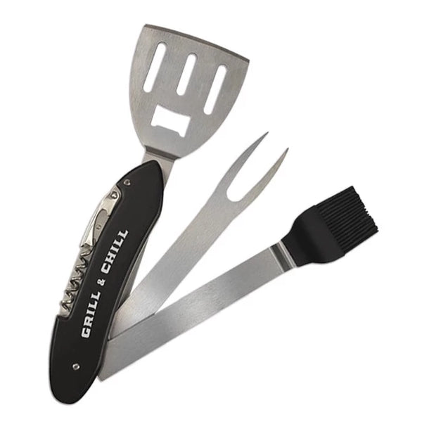Grill and Chill” 5-in-1 BBQ Tool – Spatula, Fork, Brush, Bottle