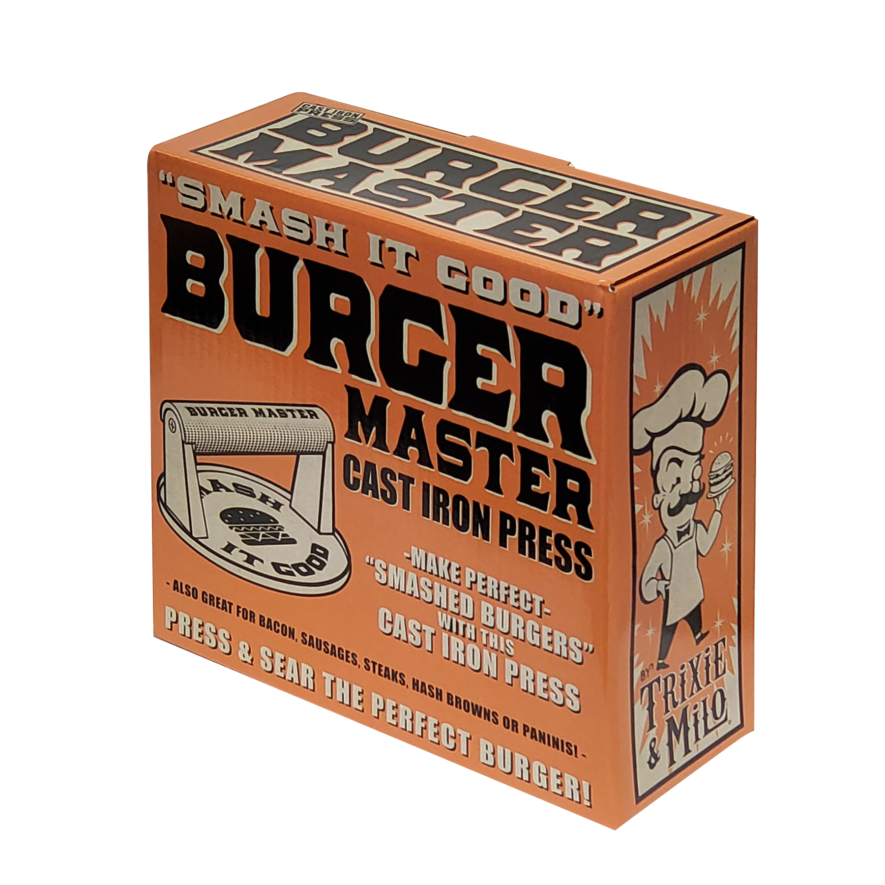 "Burger Master" Cast Iron Grill Press Smashburgers near me, anyone? Get the best smashed burgers at home, anytime! Perfect for any backyard BBQ grill boss or just to impress your friends at tailgate parties.