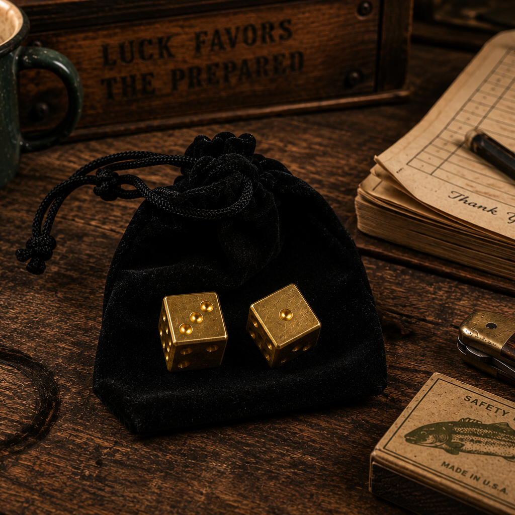 Gold dice set in a black drawstring bag on a wooden surface with a mug, notebook, and safety matches.