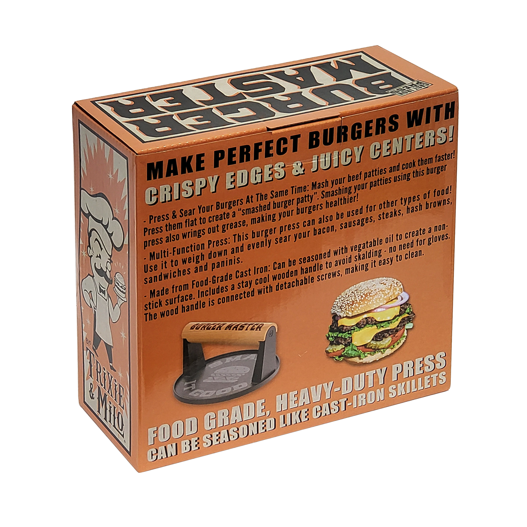 "Burger Master" Cast Iron Grill Press back of gift box. Smashburgers near me, anyone? Get smashed burgers at home, anytime! Perfect for any backyard BBQ grill boss or just to impress your friends at tailgate parties.