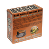 "Burger Master" Cast Iron Grill Press back of gift box. Smashburgers near me, anyone? Get smashed burgers at home, anytime! Perfect for any backyard BBQ grill boss or just to impress your friends at tailgate parties.