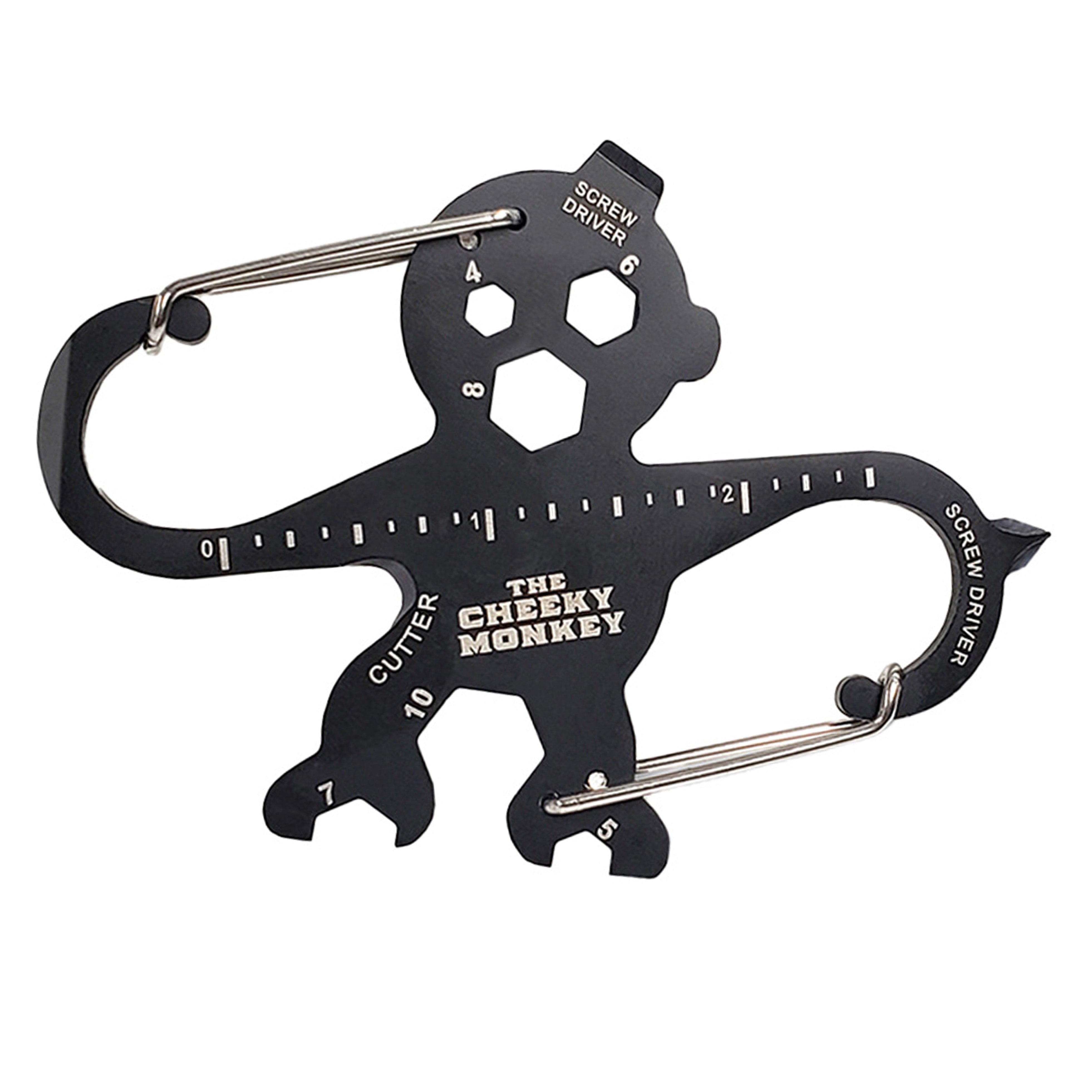 Black monkey-shaped tool with multiple functions on a white background