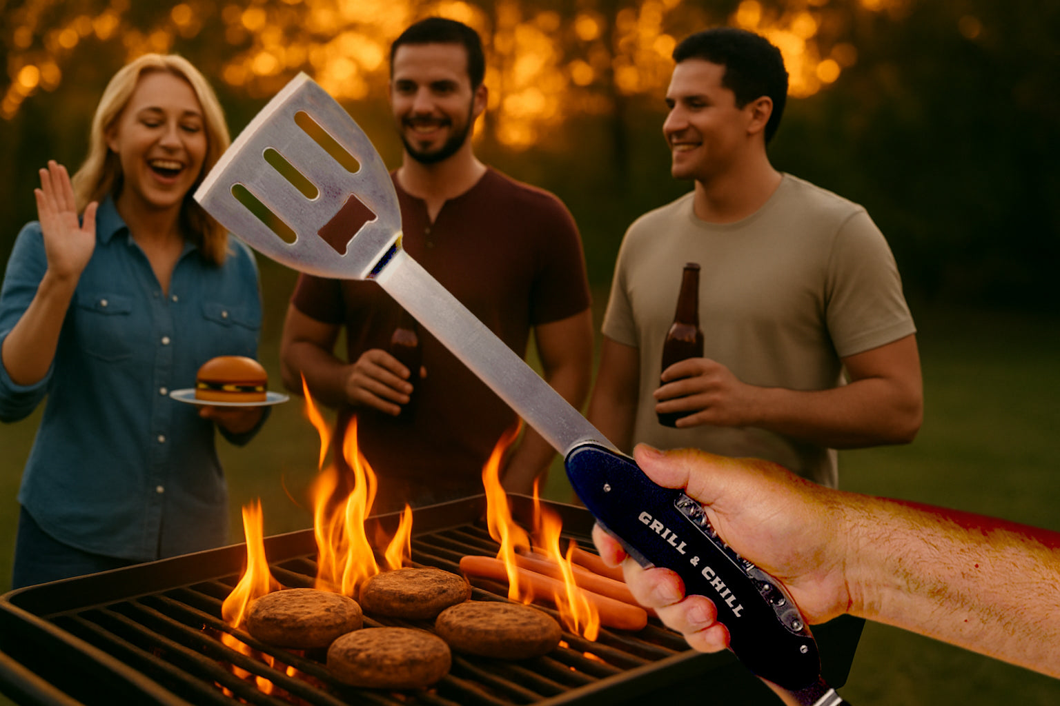 Fourth of july friends around barbecue grill with lucky jack grill tool the BBQ 5 in 1