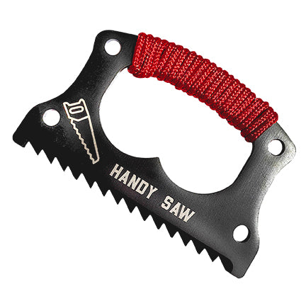 A compact, credit-card-sized Handy Saw with black steel teeth and a red paracord handle.