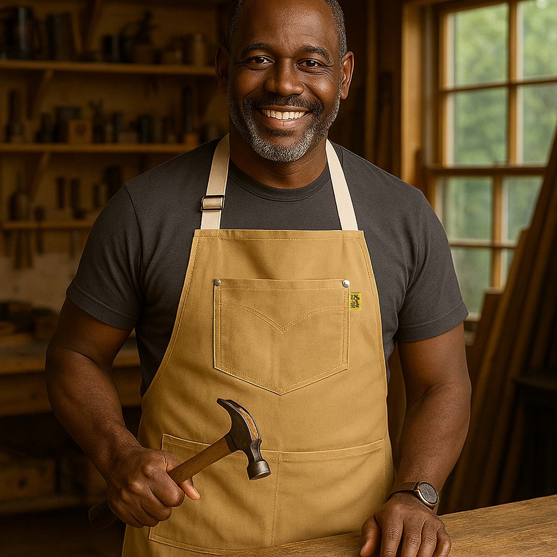 Man wearing a brown apron holding a hammer in a workshop setting