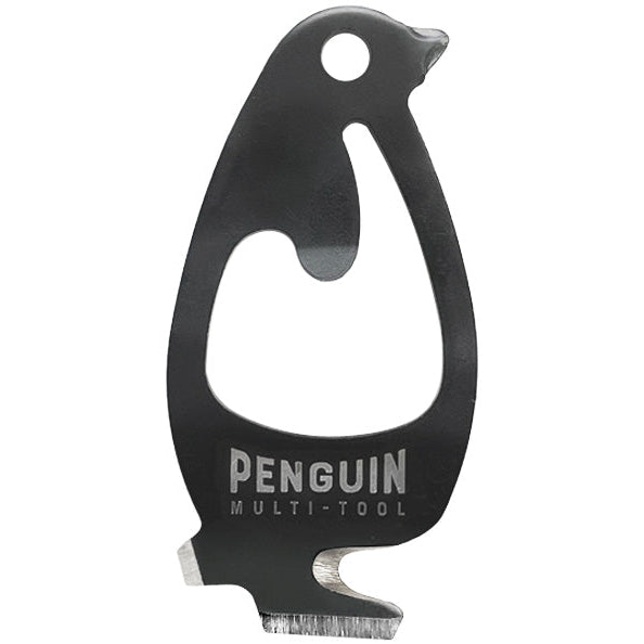 stainless steel coated in matte black pocket multitool shaped like penguin includes line cutter, scraping blade, bottle opener and more.