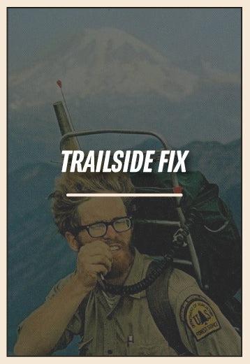 Person with 'Trailside Fix' text in front of a mountainous background