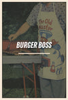 Person wearing a 'The Old Master' apron cooking on a grill with 'Burger Boss' text overlay.
