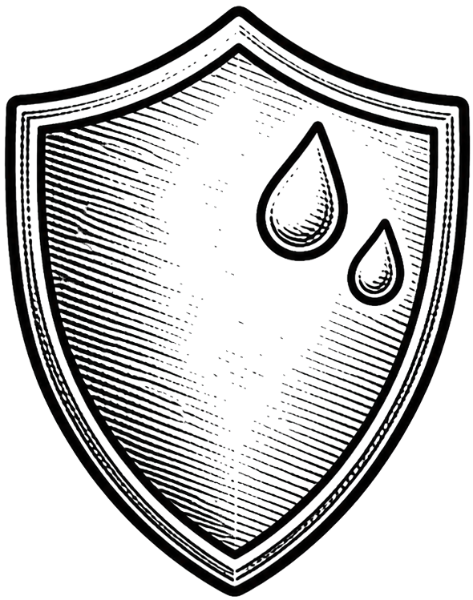 Black and white illustration of a shield with two droplets on a white background