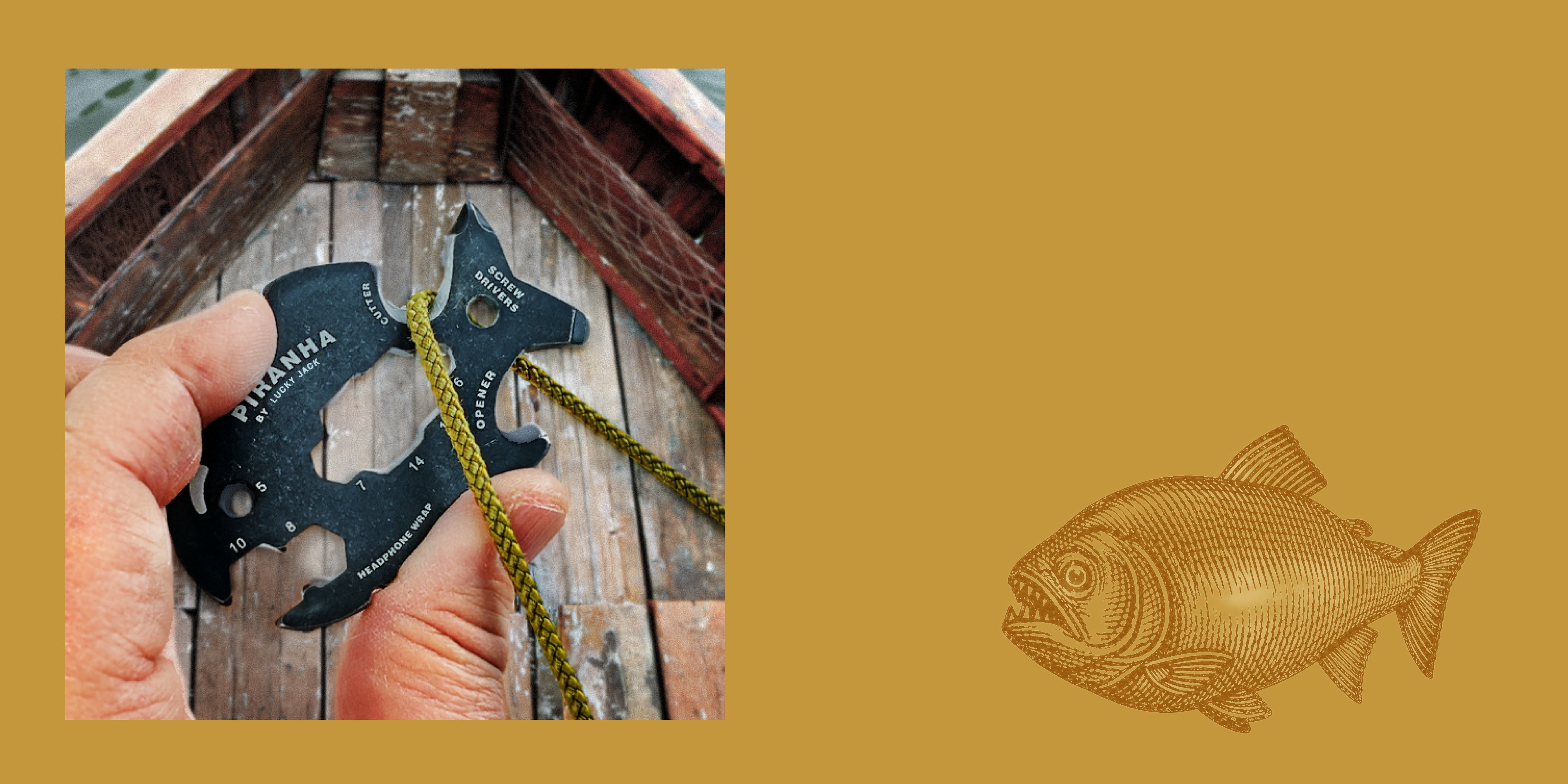 Multitool with fish design on a wooden surface, next to a gold fish illustration on a yellow background.