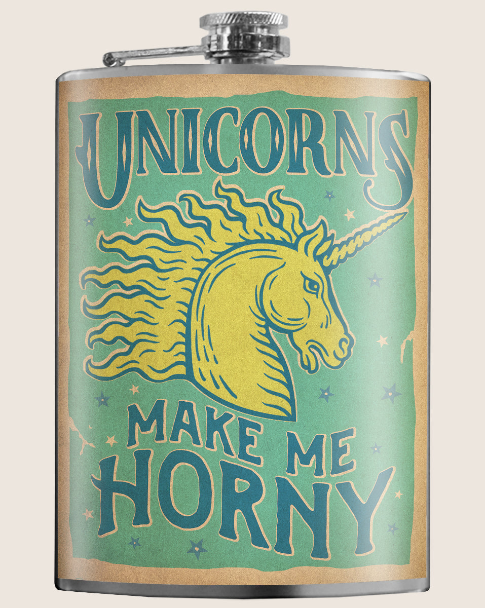 8 oz. Hip Flask: Unicorns Make Me Horny Kick off every holiday or pride party with confidence. Cool stylish stainless steel drinking flask. Designed for durability and aesthetic appeal.