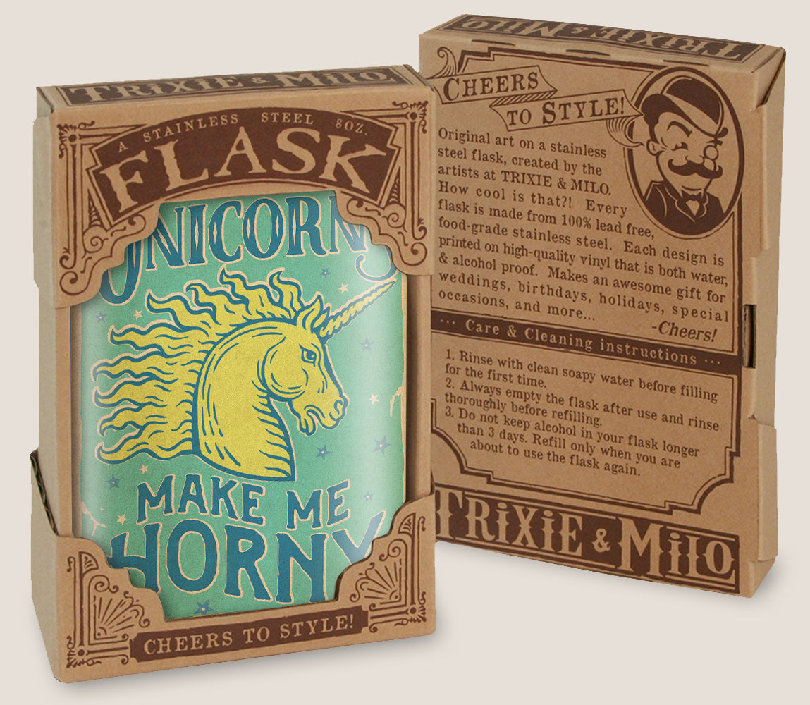 8 oz. Hip Flask: Unicorns Make Me Horny Kick off every holiday or pride party with confidence. Cool stylish stainless steel drinking flask. Designed for durability and aesthetic appeal.
